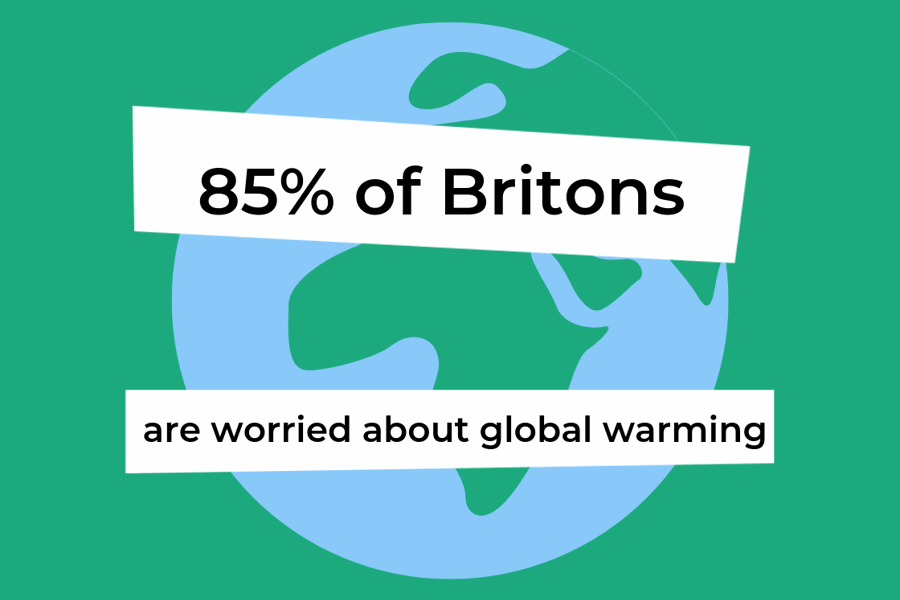 Graphic styled image of the globe with '85% of Britons are worried about global warming' written on top.