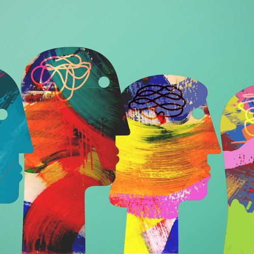 Four colourful painted head silhouettes in profile, each with a tangled scribble inside.