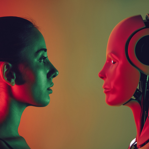 Side profile of a women's head and side profile of a robots head, both looking at eachother. 